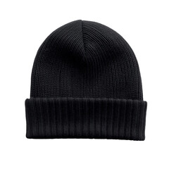 A ribbed beanie hat in black color, against a plain white background.