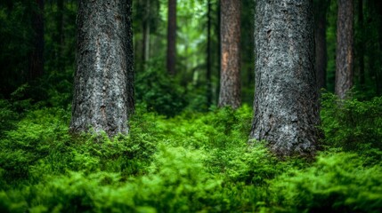Obraz premium Lush green forest floor with towering trees. Nature's serenity.