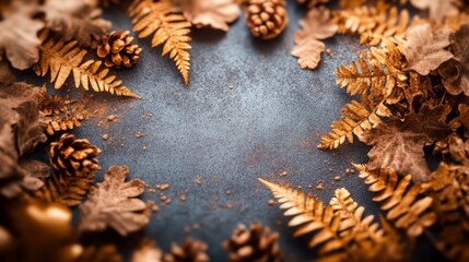 Golden autumn leaves and pine cones arranged on a dark background. Perfect for fall-themed designs.