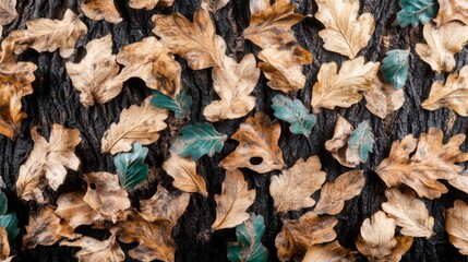 Dried oak leaves and evergreen leaves on dark tree bark. Autumnal textures.