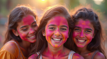 Fototapeta premium Happy Indian teenage girls in colorful Holi powder at Holi festival, selective focus