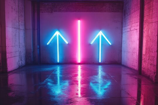 Abstract scene with glowing neon arrows, blue and pink, facing opposite directions - Powered by Adobe