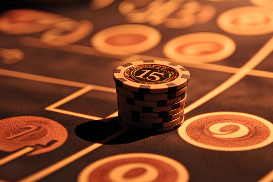 Close-up of a casino roulette table with colorful chips placed on the betting area, selective focus
