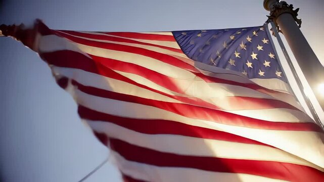 Sunlight illuminates old glory, creating a powerful symbol of national pride and freedom as the american flag waves against a clear blue sky