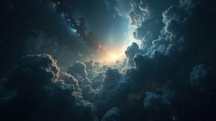 An immense dark nebula absorbing starlight, tendrils of shadow weaving through the galactic expanse, illuminated only by the faint glow of distant pulsars and cosmic dust.