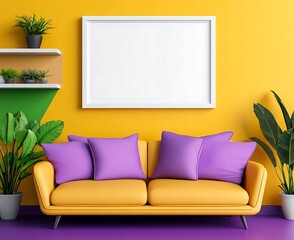Modern living room with yellow walls, purple floor, plants, sofa, and empty white frame for mockups