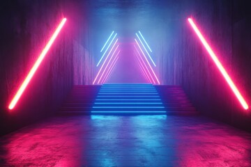 Fototapeta premium Abstract scene with glowing neon arrows, blue and pink, facing opposite directions