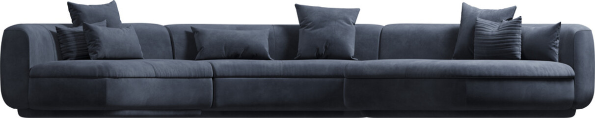 Obraz premium Front view of curved navy blue sofa with cushions