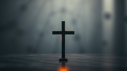 Naklejka premium A wooden Christian cross stands illuminated by soft light against a dark, ethereal background.