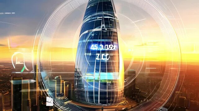 A futuristic skyscraper with digital data and statistics overlays, set against a glowing sunset city skyline.
