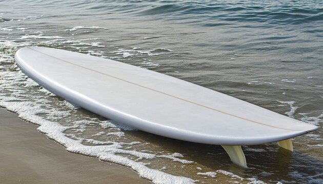A pristine, untrodden surfboard by the edge of the water, with gentle waves approaching its base.
