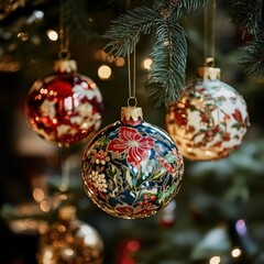 Ornate Christmas ornaments hanging on a tree