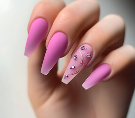 acrylic classic neutral nails of professional level, nails with abstract designs and Swarovski crystals