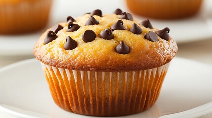 Muffin with chocolate chips on a plate, sitting on a counter, blurry muffins background for food blog use