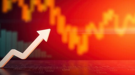 An upward-pointing arrow stands against a financial chart, representing market growth.