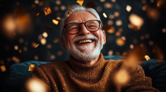 Joyful senior man laughs amidst falling confetti. Golden hues and warm lighting create a festive atmosphere.