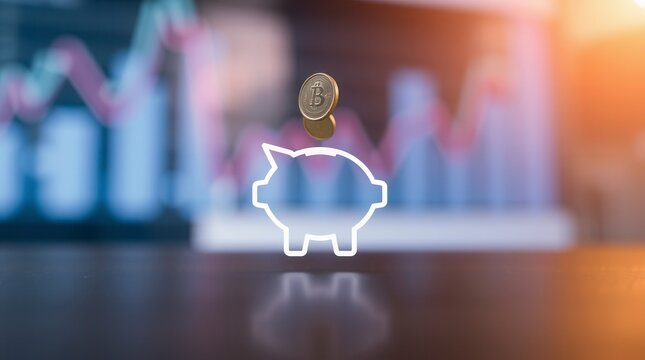 Bitcoin coins being deposited into a piggy bank with a financial chart showing market growth.