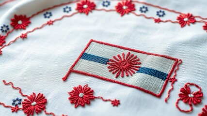 Fototapeta premium Threads of Patriotism: Intricate Embroidery Depicts National Flag on Fabric Surface