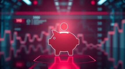 A digital piggy bank stands out in front of a financial chart, representing investment and savings.