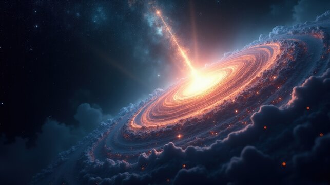 A distant quasar emitting blinding beams of energy, its swirling accretion in Magical Realism disk glowing with pure cosmic power, gravitational distortions bending light around it.