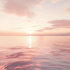 Fototapeta premium A coral pink sky reflecting off glassy water with a serene landscape in the distance at golden hour. Full ultra HD,