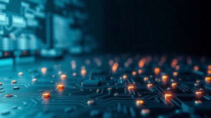 Obraz premium A computer motherboard glows with orange lights, showcasing advanced tech and intricate design.