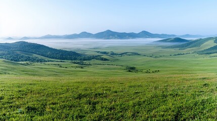 Naklejka premium Misty mountain valley sunrise landscape, scenic view, travel poster