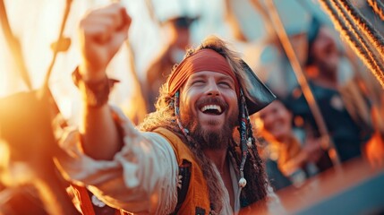 Fototapeta premium A joyful pirate with long hair and a bandana celebrates victoriously on a ship at sunset.