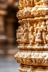 Fototapeta premium Intricate stone carvings adorn this ancient temple pillar, showcasing rich details and warm hues.