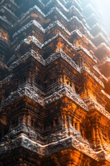 Obraz premium Intricate stone carvings on an ancient temple. Warm, golden light highlights the details.
