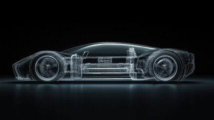 Hochmodernes Sportauto in digitaler Simulation mit Hologramm-Daten und neon Linien wie im Windkanal. Generative AI KI