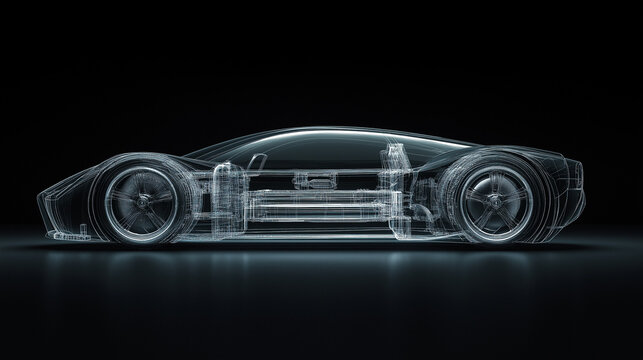 Hochmodernes Sportauto in digitaler Simulation mit Hologramm-Daten und neon Linien wie im Windkanal. Generative AI KI