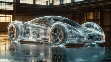 Hochmodernes Sportauto in digitaler Simulation mit Hologramm-Daten und neon Linien wie im Windkanal. Generative AI KI