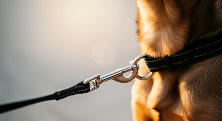 Close up of a dog leash attached to a collar, showcasing the connection point and the dog's fur illuminated by golden sunlight