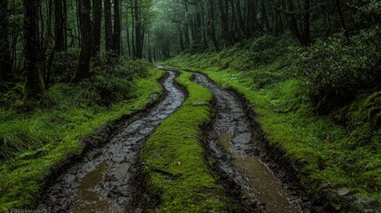 Fototapeta premium Muddy forest road winding through lush greenery