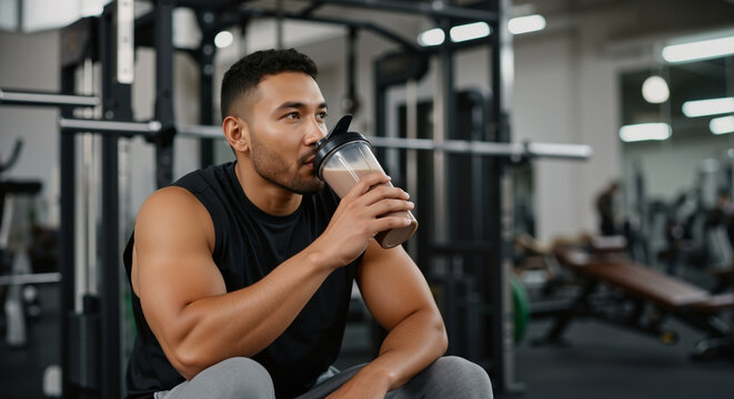 Young muscular athlete drinking protein shake after intensive training session in modern gym
