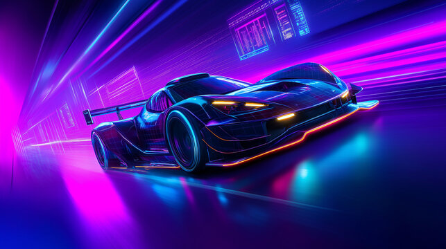 Hochmodernes Sportauto in digitaler Simulation mit Hologramm-Daten und neon Linien wie im Windkanal. Generative AI KI