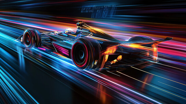 Hochmodernes Sportauto in digitaler Simulation mit Hologramm-Daten und neon Linien wie im Windkanal. Generative AI KI