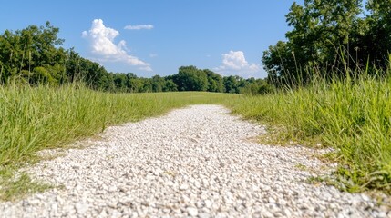 Obraz premium Gravel path through summer meadow, trees background, nature walk (1)