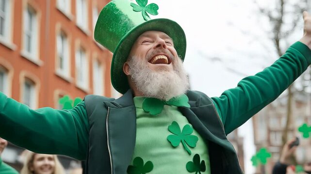 St Patrick's Day celebration: A Caucasian man in green attire joyfully participates in a parade