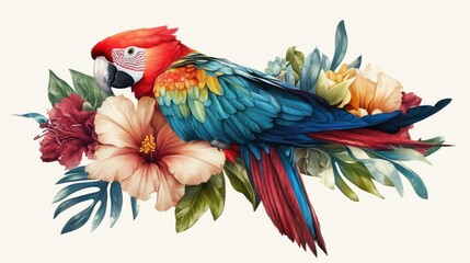 Fototapeta premium Colorful macaw amongst tropical flowers
