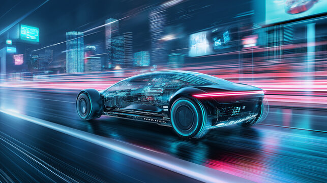 Hochmodernes Sportauto in digitaler Simulation mit Hologramm-Daten und neon Linien wie im Windkanal. Generative AI KI