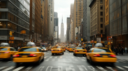 city traffic yellow cabs and taxis high rise buildings