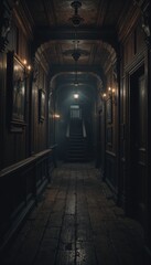 Fototapeta premium Dark Wooden Corridor with Eerie Atmosphere