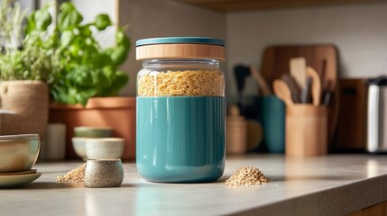 Teal Glass Jar Filled With Pasta In A Kitchen Setting
