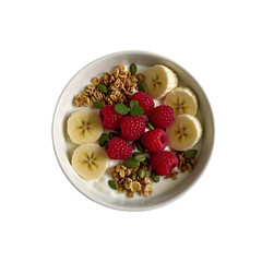 Yogurt with Raspberries, Bananas, Granola and Pumpkin Seeds on transparent background