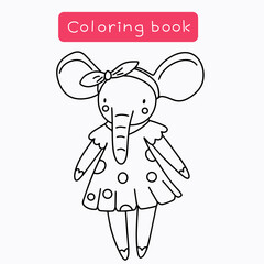 A cute and playful illustration of a baby elephant wearing a dress, designed for children's coloring pages