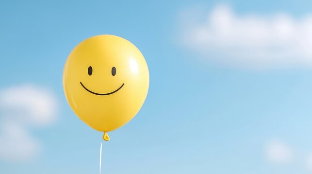 Happy yellow balloon floats against blue sky