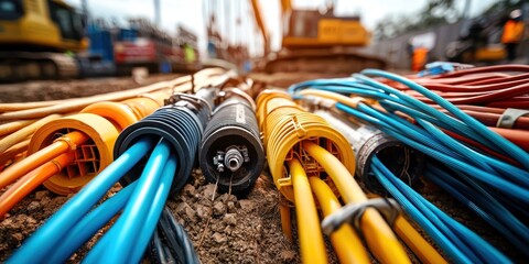 Electric cables in various colors and tubes being installed underground at a construction site, representing broadband and power lines.