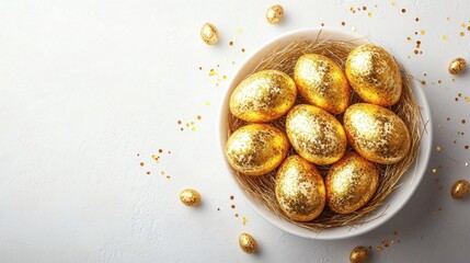 Golden Easter Eggs in Nest Bowl